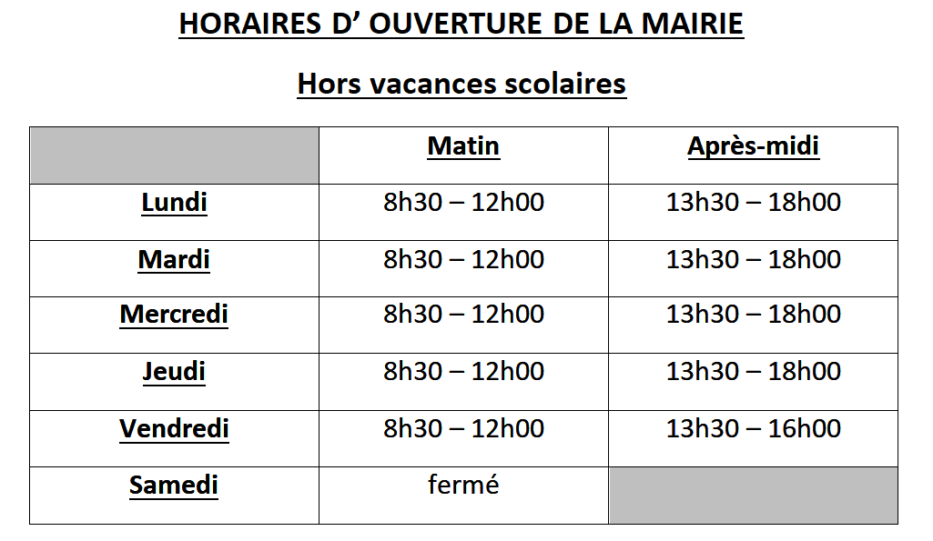 horaires d'ouverture mairie hors vacances