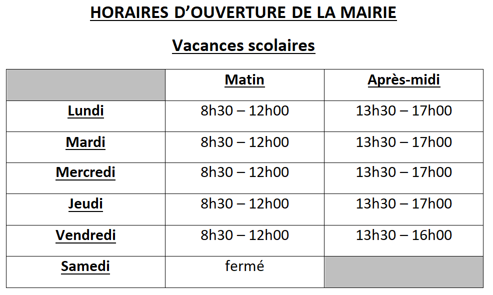 horaires ouverture mairie vacances